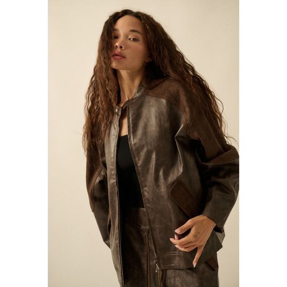 Promesa Size Small Espresso Faux Leather and Suede Barrel-Sleeve Jacket - Picture 8 of 11